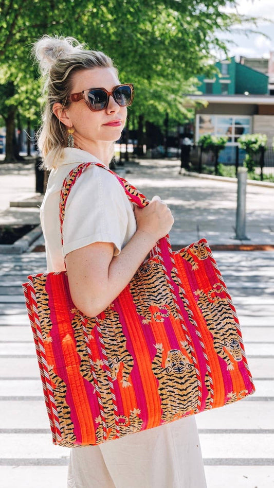 Quilted Tiger Print Tote Bag | Large Travel Bag | Gifts