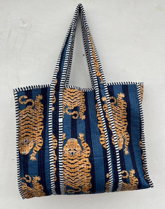 Blue Cotton Quilted Tiger Print Bag Women Shopping Carry Bag