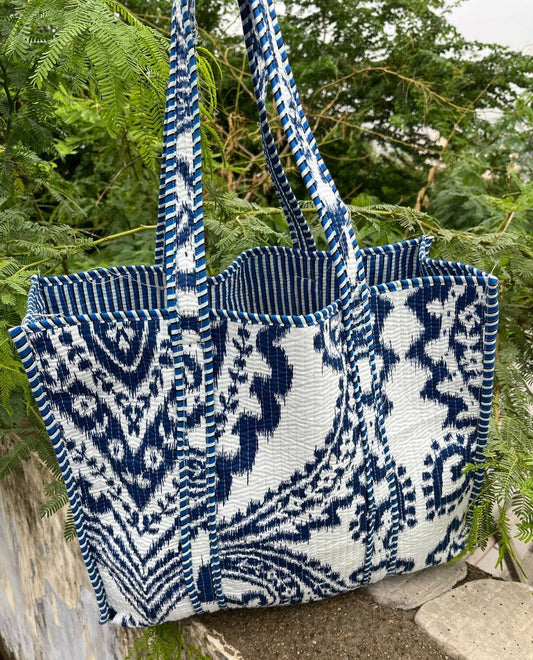 Hand Block Printed Bag White Cotton Bag Quilted Shoulder Bag