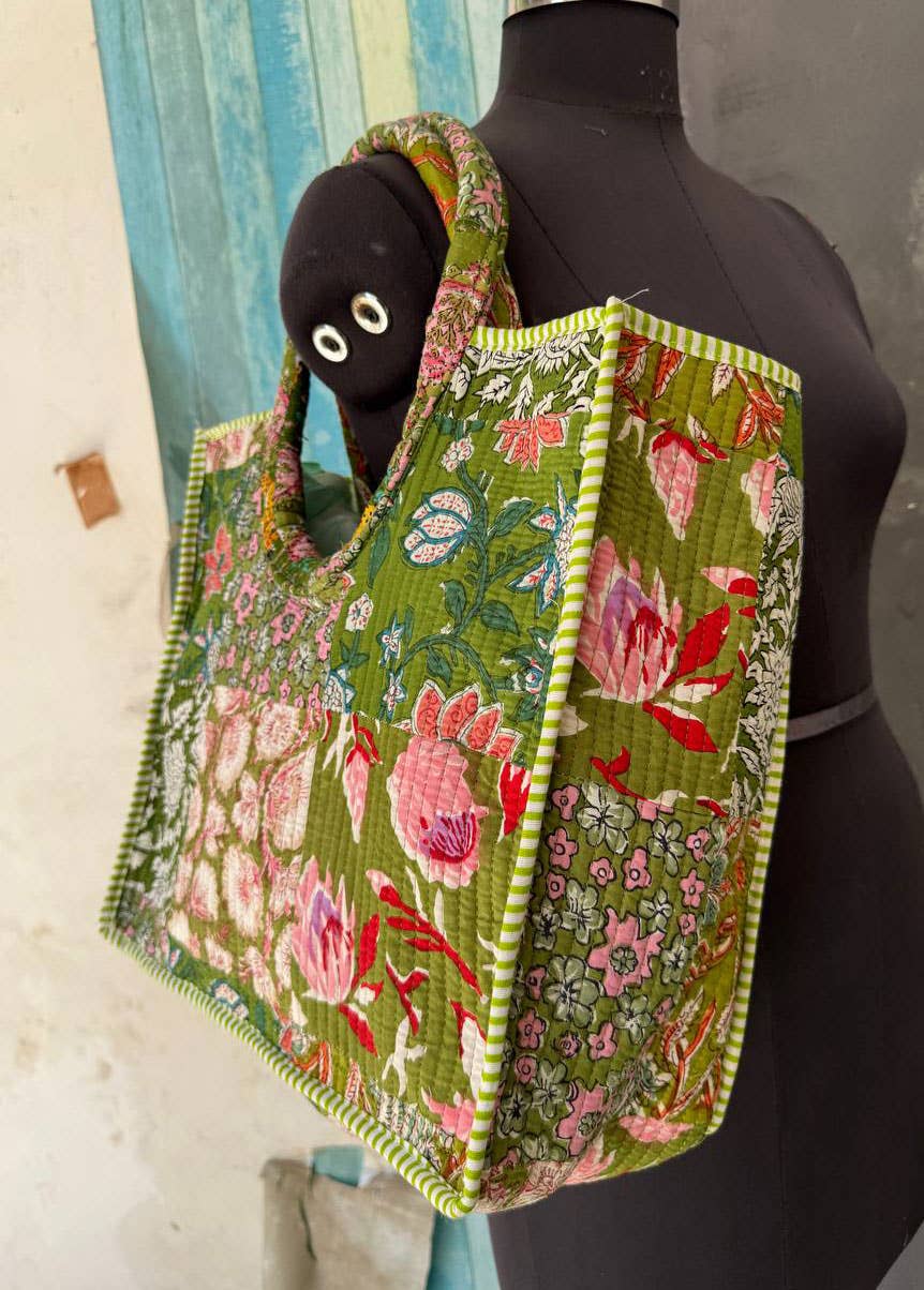 Block Printed Bag Patchwork Shopping Bag Quilted Cotton Bags