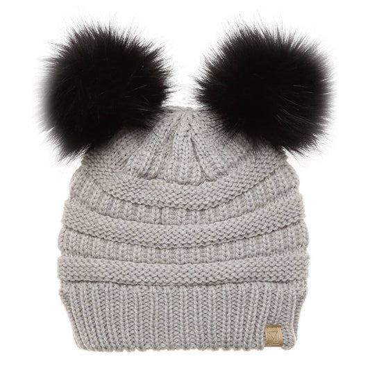 Kids Winter Beanie Hat with Double Pom Pom