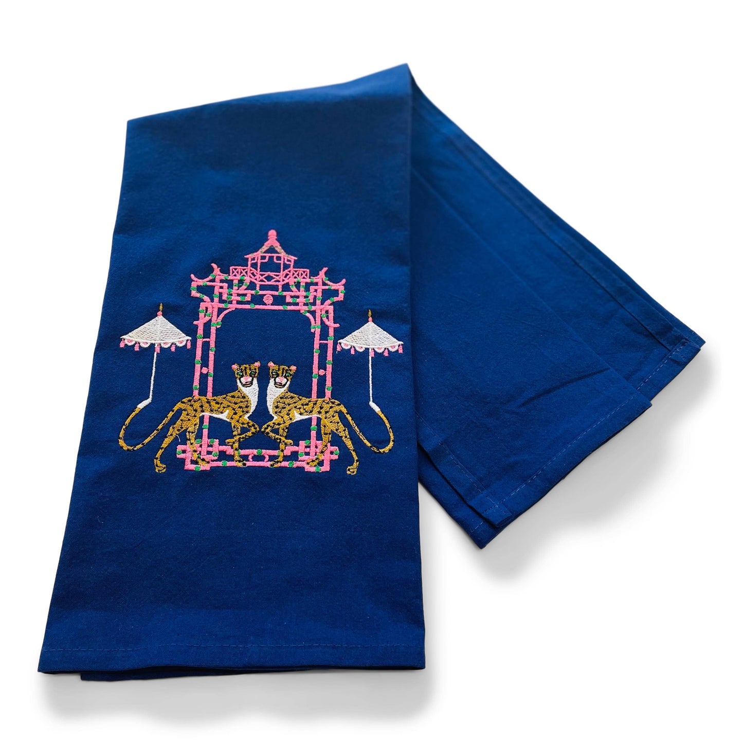 Towel - Cheetah with Umbrella by Pagoda Chinoiserie on navy