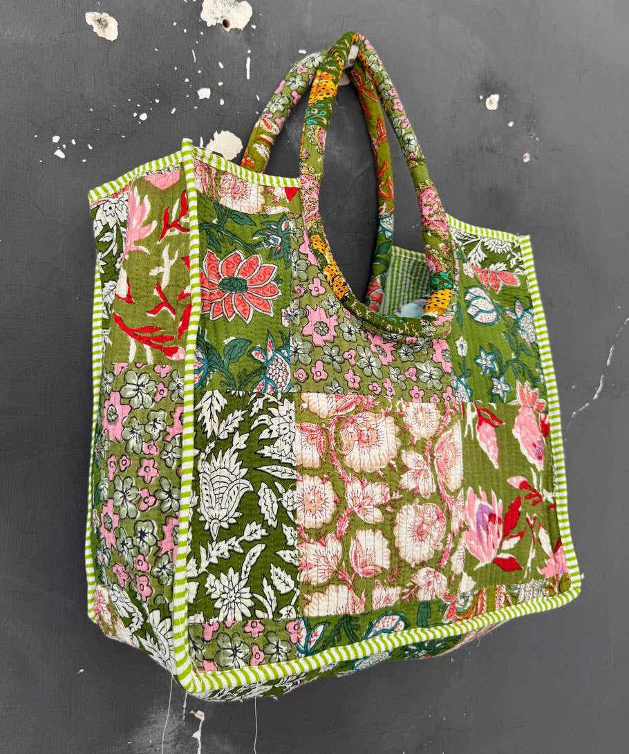 Block Printed Bag Patchwork Shopping Bag Quilted Cotton Bags