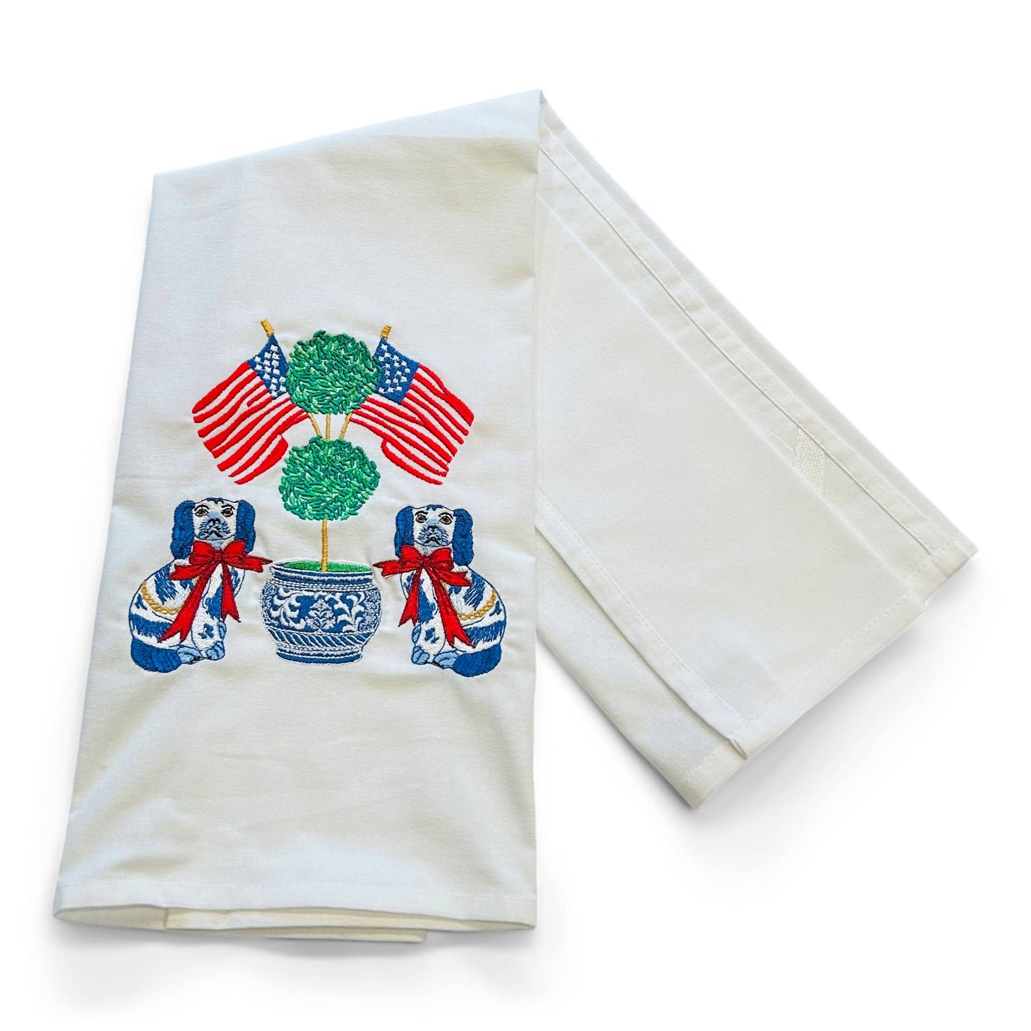 Towel -Patriotic Staffordshire Dogs - Topiary - Flags on whi