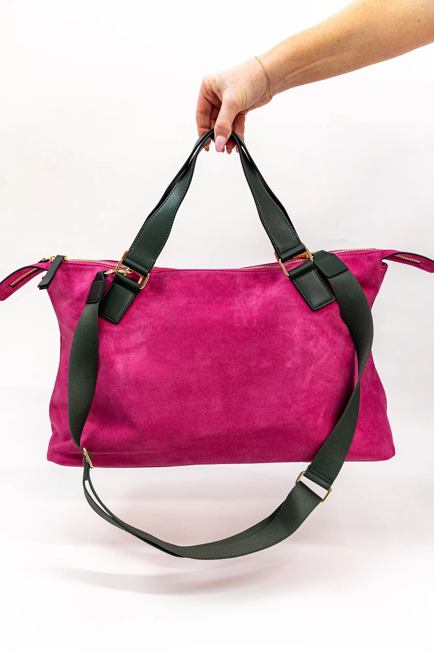 Suede Carryall Bag Bright Pink/Olive Green- Bam Bird Boutique