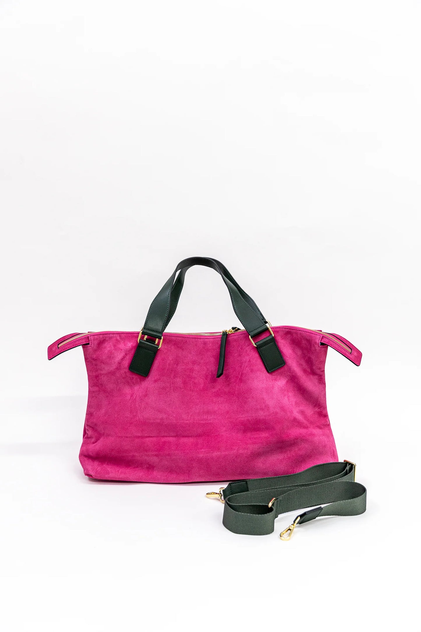 Suede Carryall Bag Bright Pink/Olive Green- Bam Bird Boutique