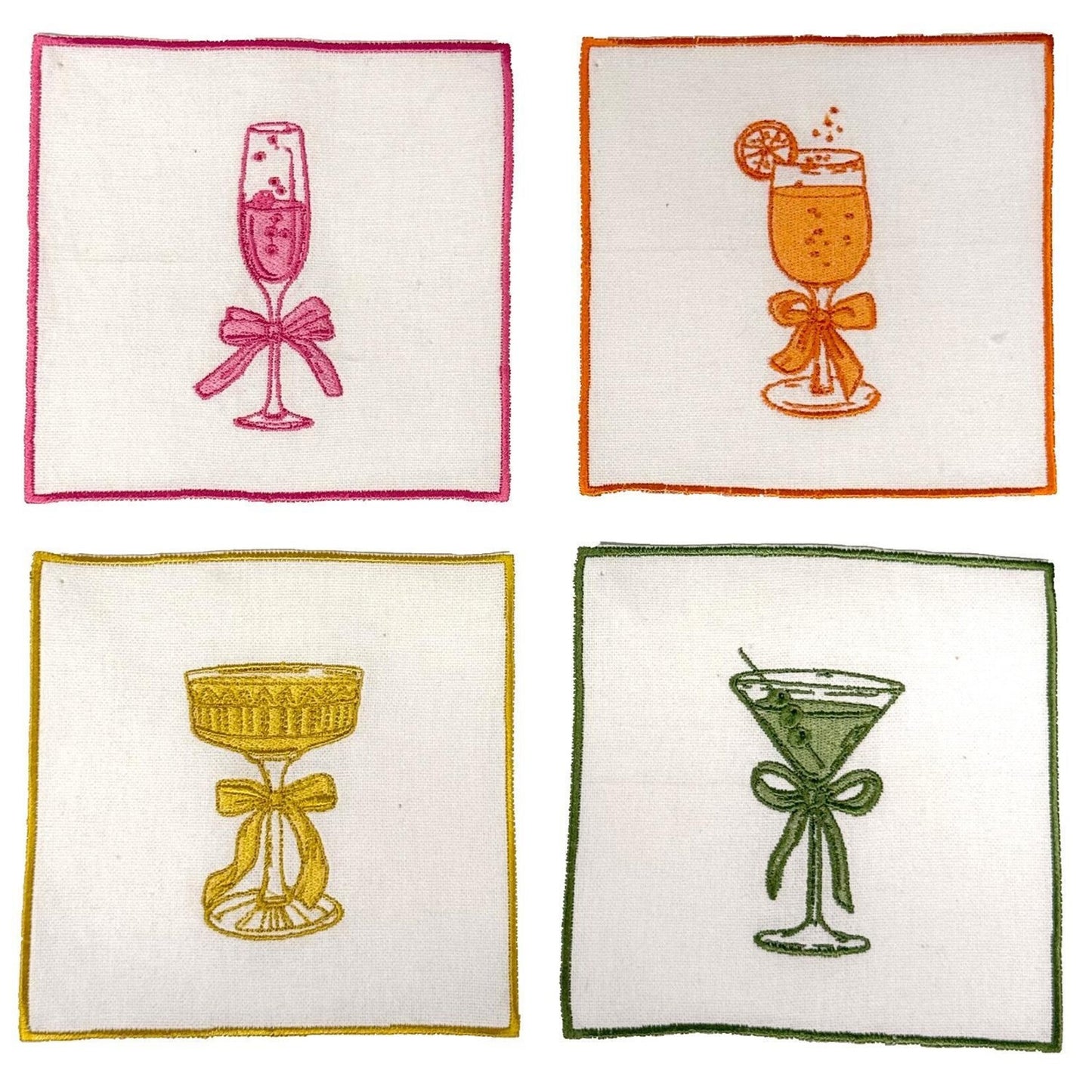 Cheers Set of 4 Embroidered Cocktail Napkins Includes 4 Designs