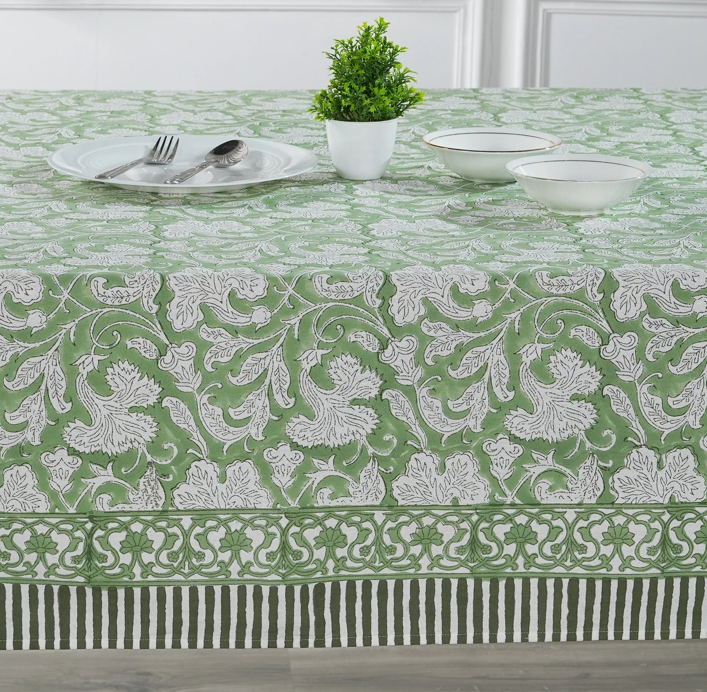 Sage Green and White Hand Block Print Tablecloth