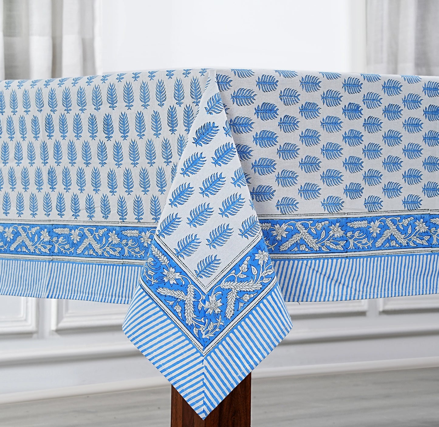 Cerulean Blue Leaf Hand Block Printed Tablecloth
