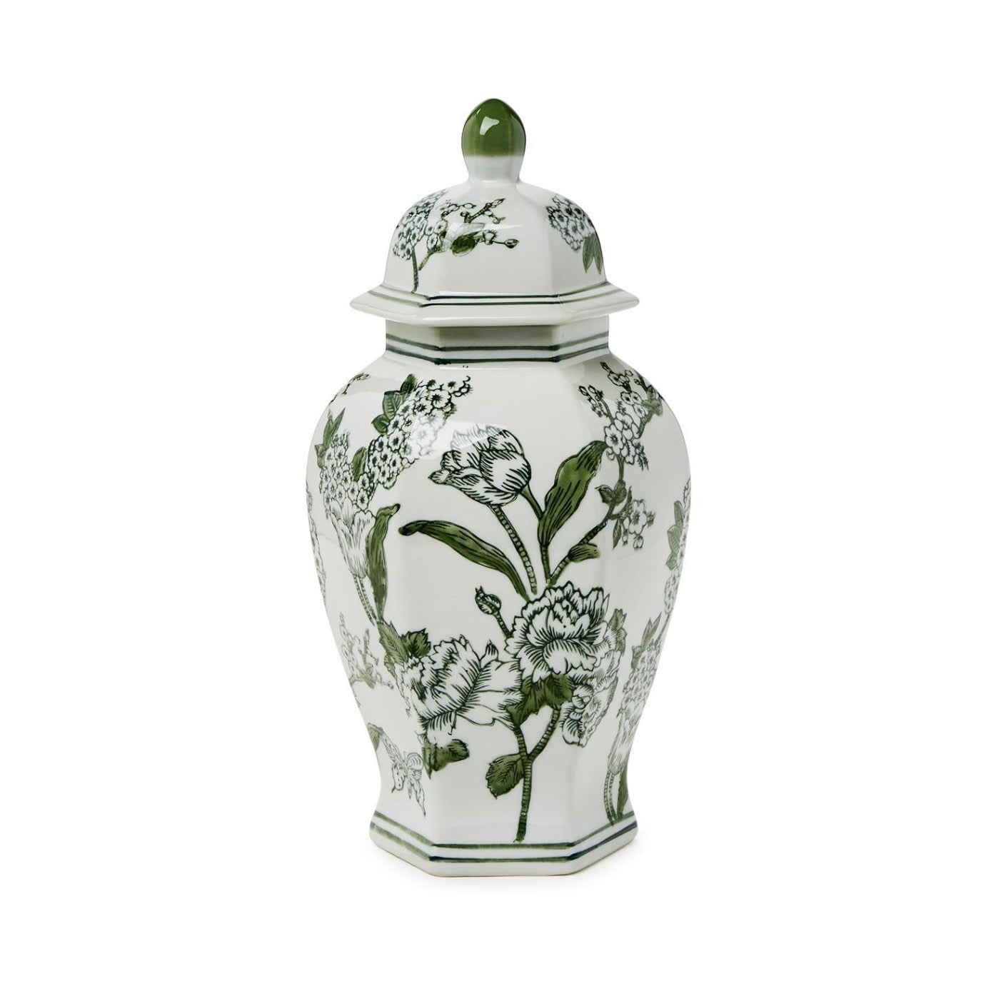14 in. Primrose and Lotus Green and White Chinoiserie Hexagonal Temple Jar