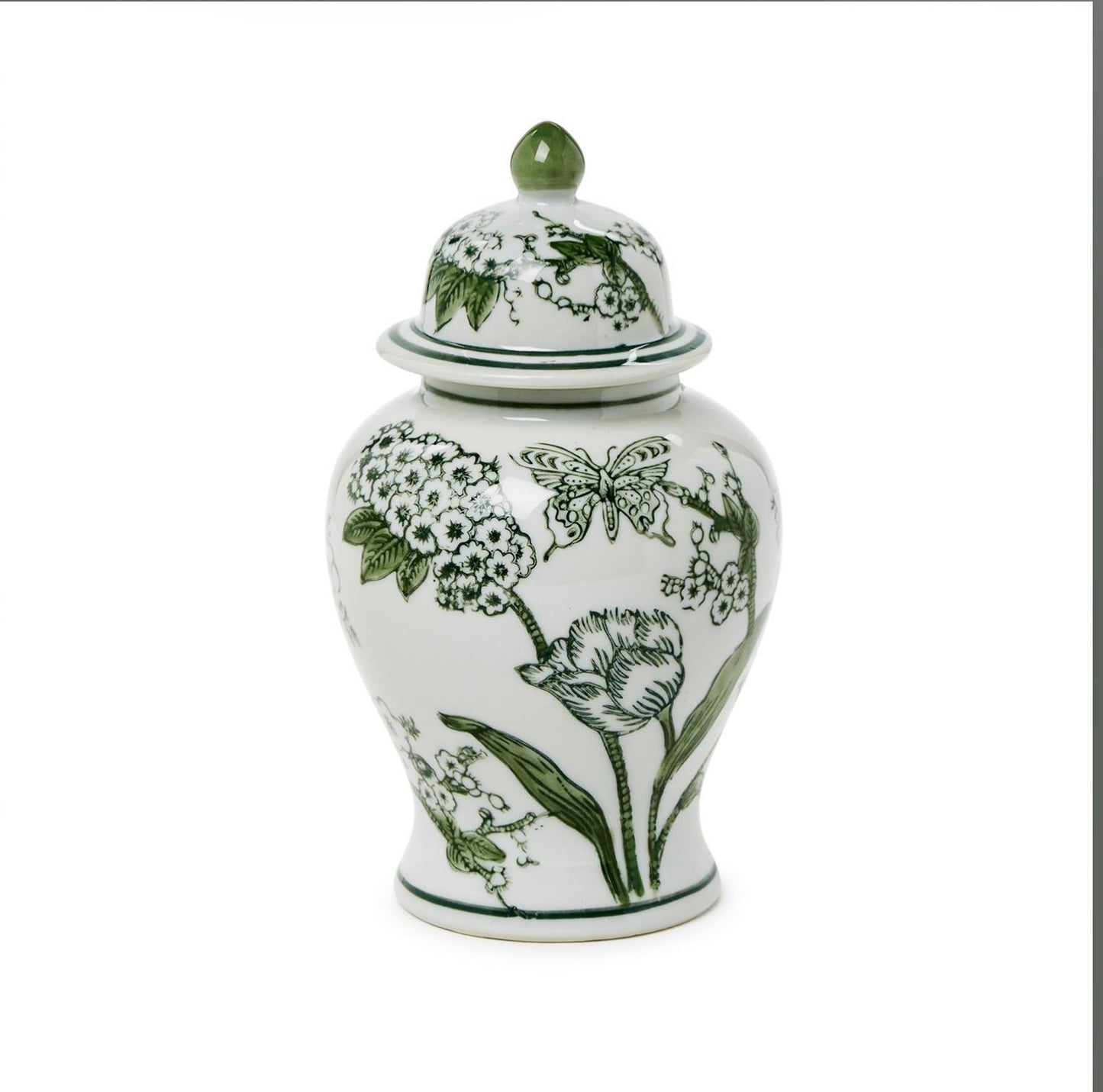 Primorose and Lotus 8" 8” Hand-Painted Green and White Chinoiserie Jar with Lid - Porcelain