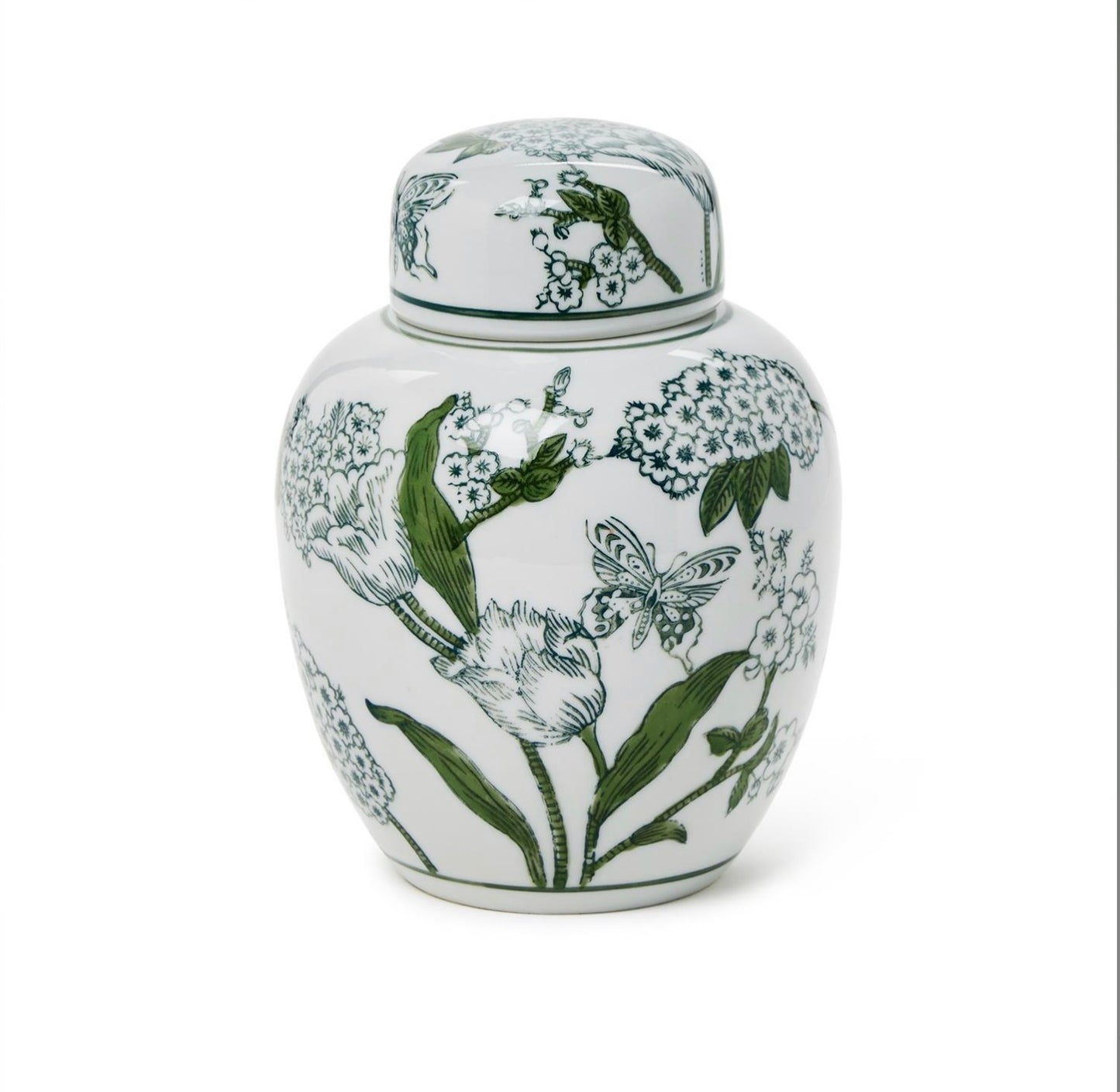 7 1/2" PRIMROSE AND LOTUS GREEN AND WHITE CHINOISERIE GINGER JAR WITH LID