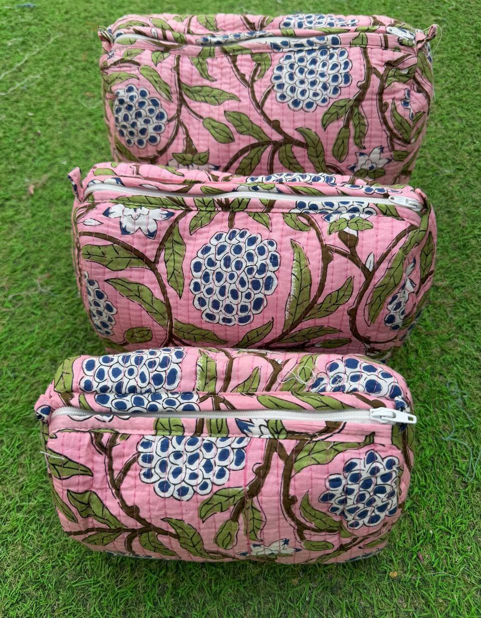 Salmon Printed Large Cosmetic Bag Indian Cotton Quilted Bags