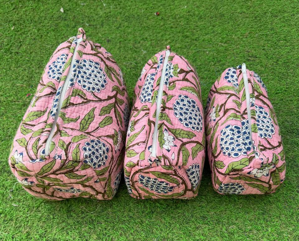 Salmon Printed Large Cosmetic Bag Indian Cotton Quilted Bags