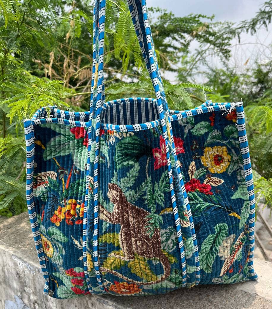 Monkey Printed Bag Velvet Quilted Handmade Indian Cotton Bag