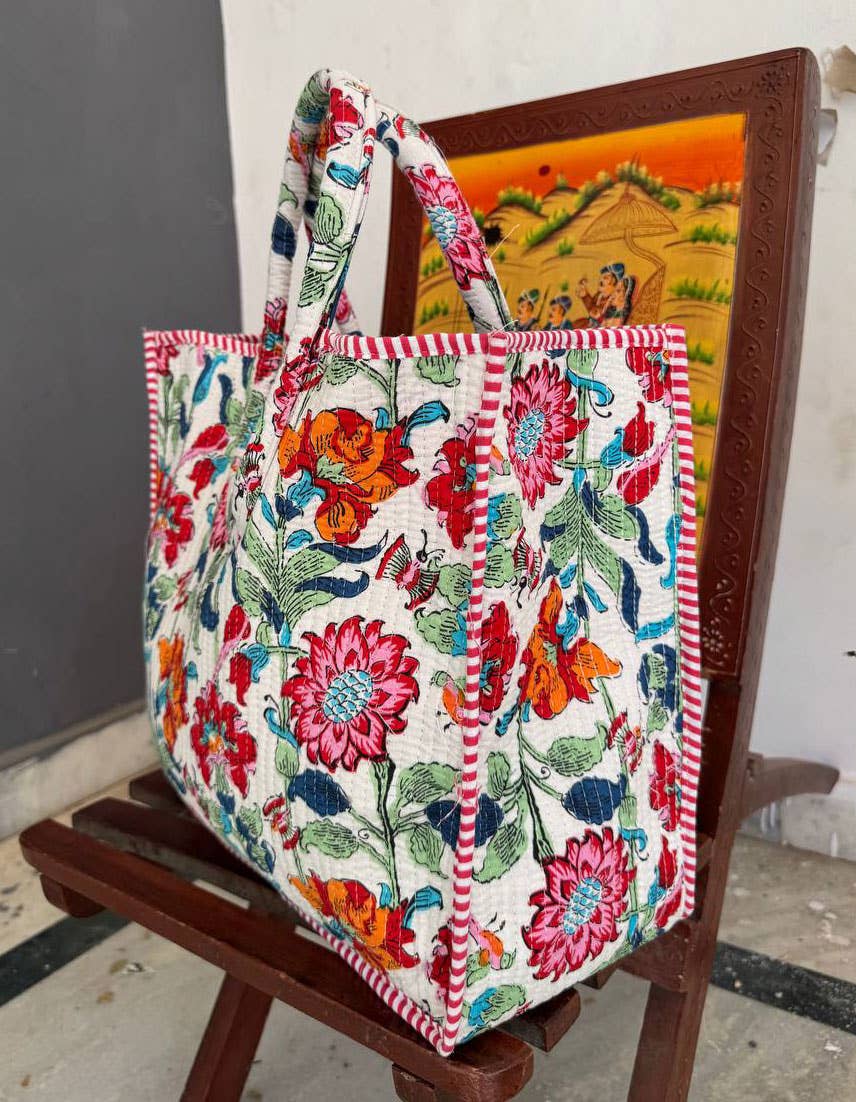 Jaipuri Floral Print Quilted Shopping Bag Indian Cotton Bags