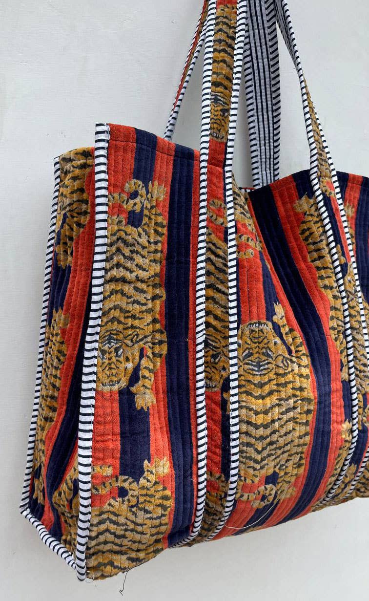 Jaipuri Quilted Velvet Cotton Tiger Printed Bag Grocery Bags