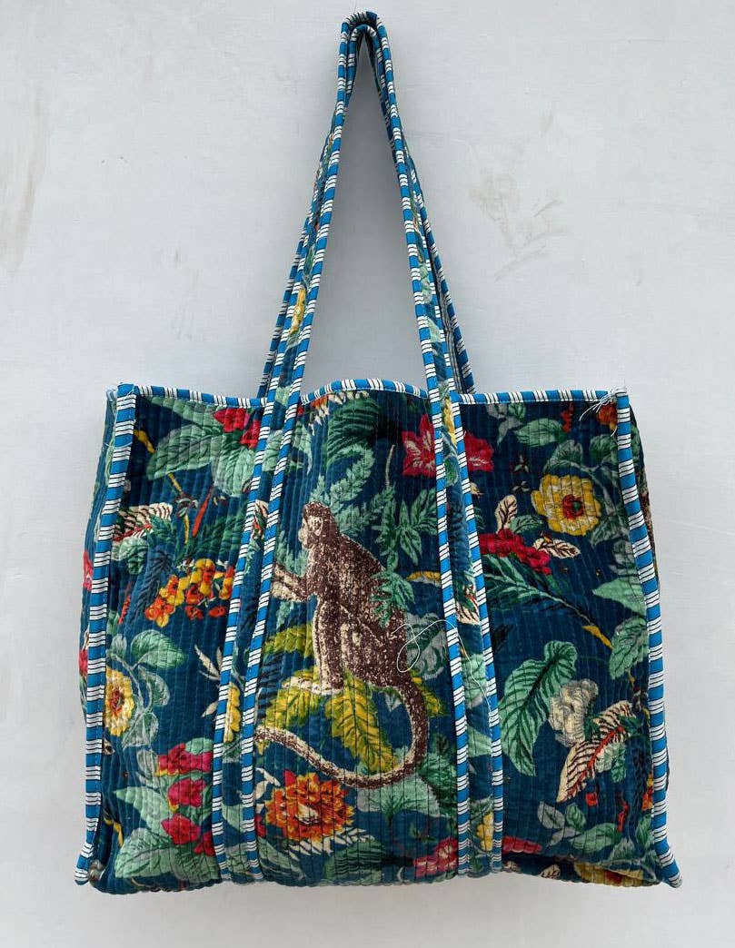 Monkey Printed Bag Velvet Quilted Handmade Indian Cotton Bag