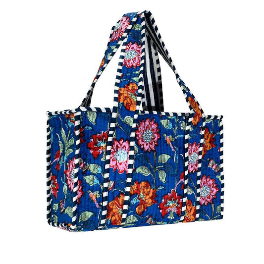 Cotton Block Print Tote Bag- Blue