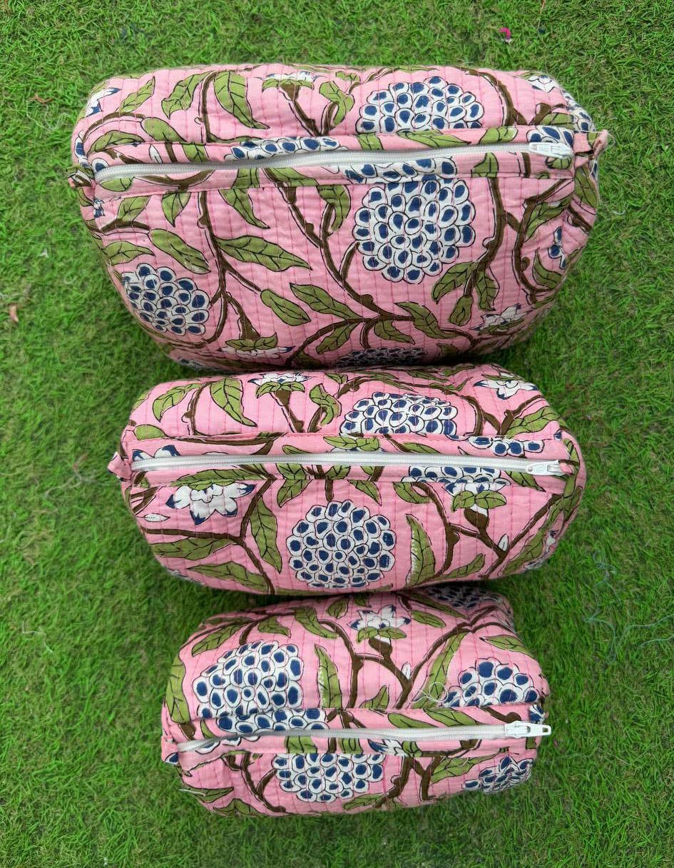 Salmon Printed Large Cosmetic Bag Indian Cotton Quilted Bags