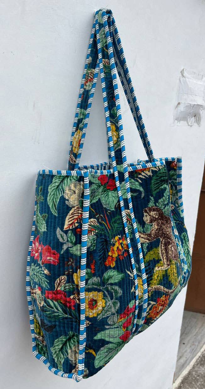 Monkey Printed Bag Velvet Quilted Handmade Indian Cotton Bag