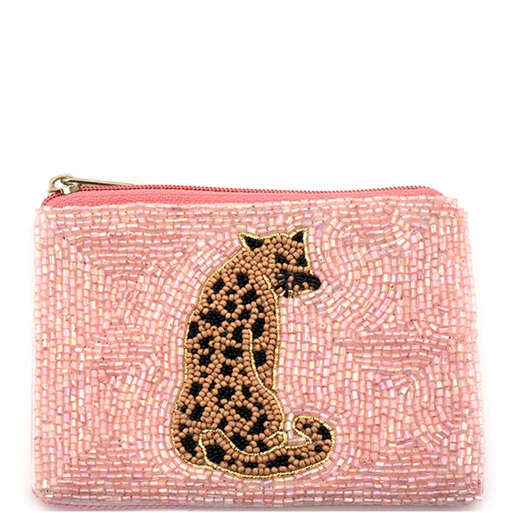 SEED BEAD LEOPARD CAT ICON COIN PURSE BAG, 60 0948