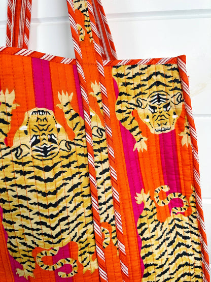 Quilted Tiger Print Tote Bag | Large Travel Bag | Gifts