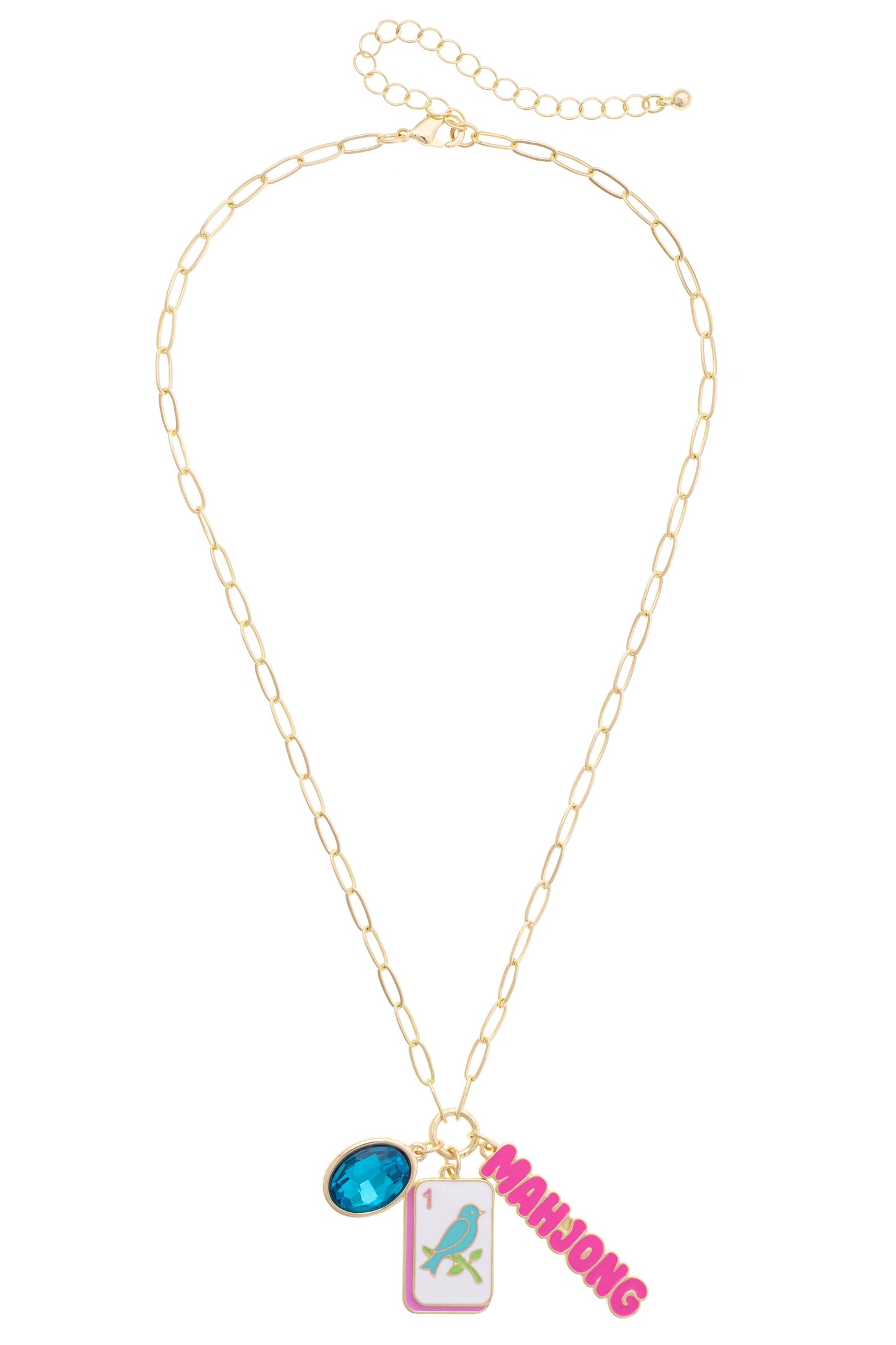 Bird Bam Charm Necklace in Aqua, Light Pink, & Shiny Gold