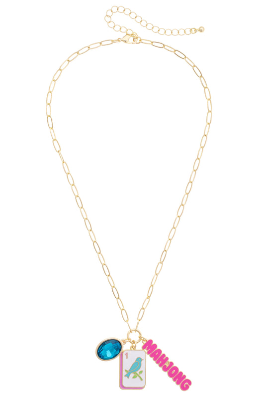 Bird Bam Charm Necklace in Aqua, Light Pink, & Shiny Gold