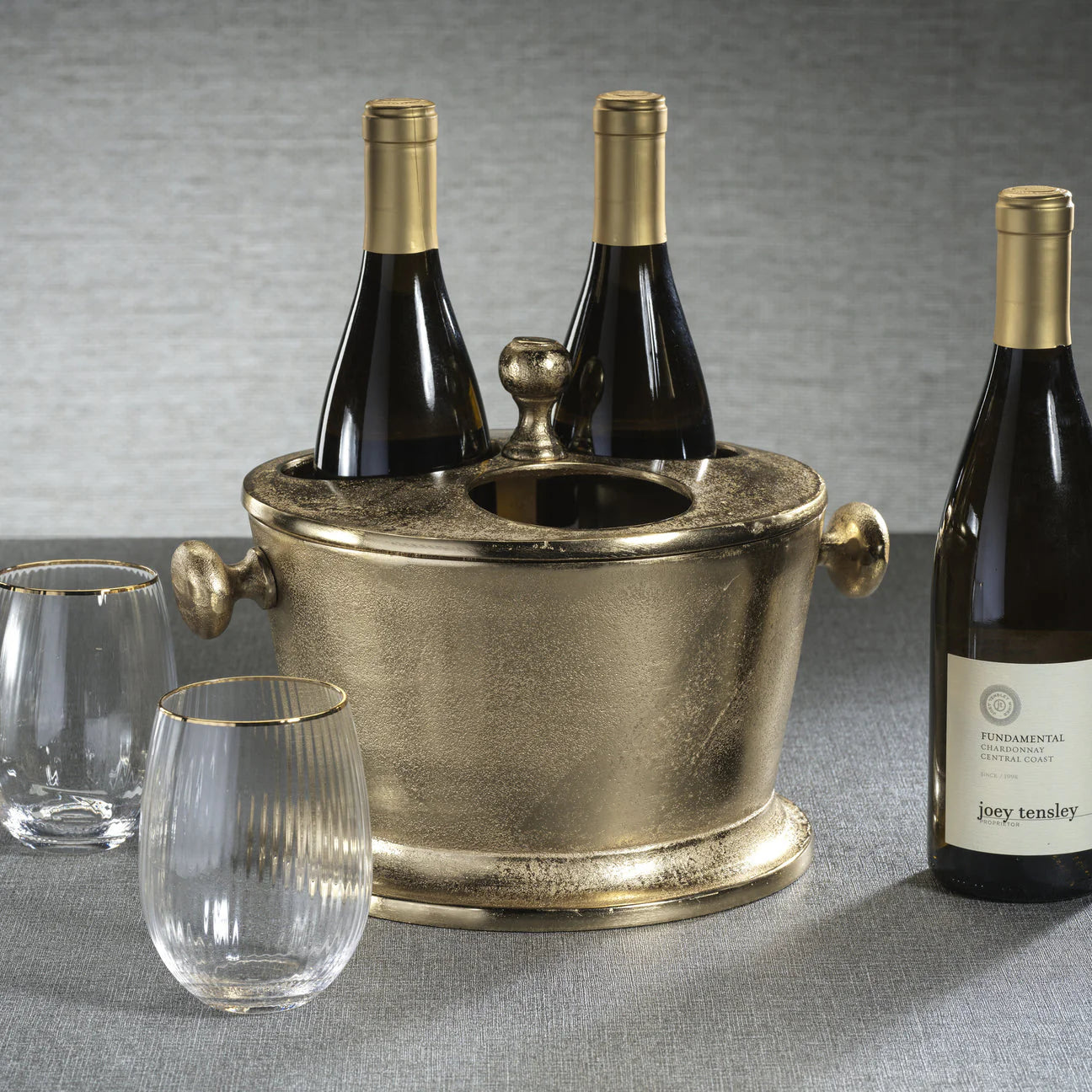 Raw Aluminum Three Bottle Wine Holder- Gold
