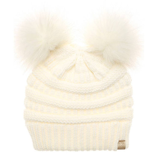 Kids Winter Beanie Hat with Double Pom Pom