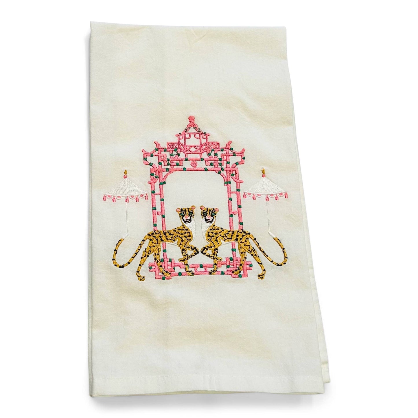 Towel - Cheetah with Umbrella by Pagoda Chinoiserie on white
