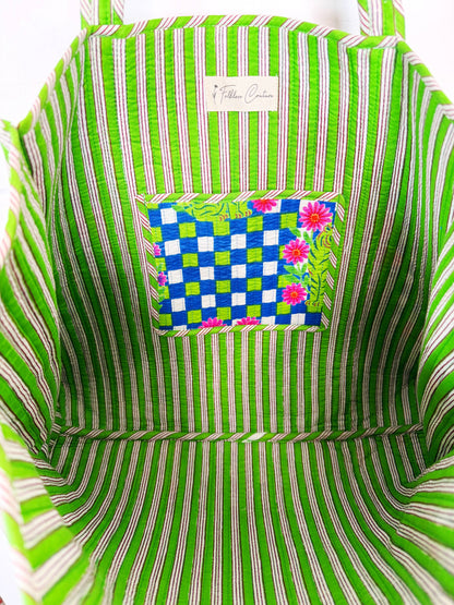 Tote Bags Quilted | Large Travel Tote | Blue Checkered Tiger