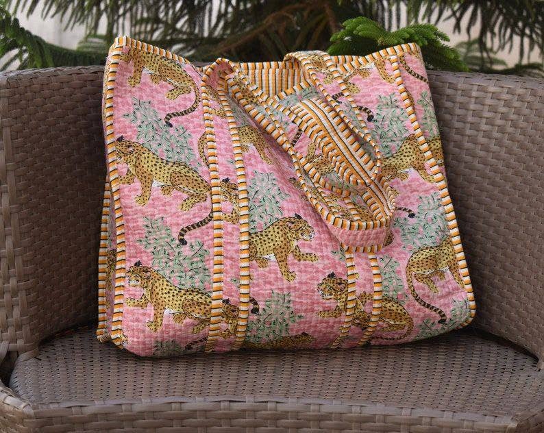 Hand Block Tiger Print Bag Women Quilting Cotton Indian Bags