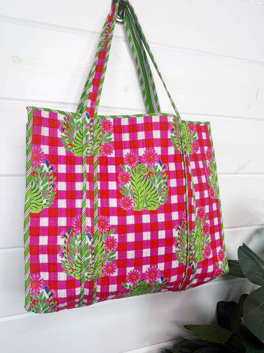 Tote Bags Quilted | Large Travel Tote | Pink Checkered Tiger