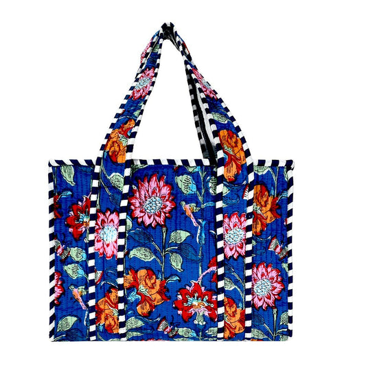Cotton Block Print Tote Bag- Blue