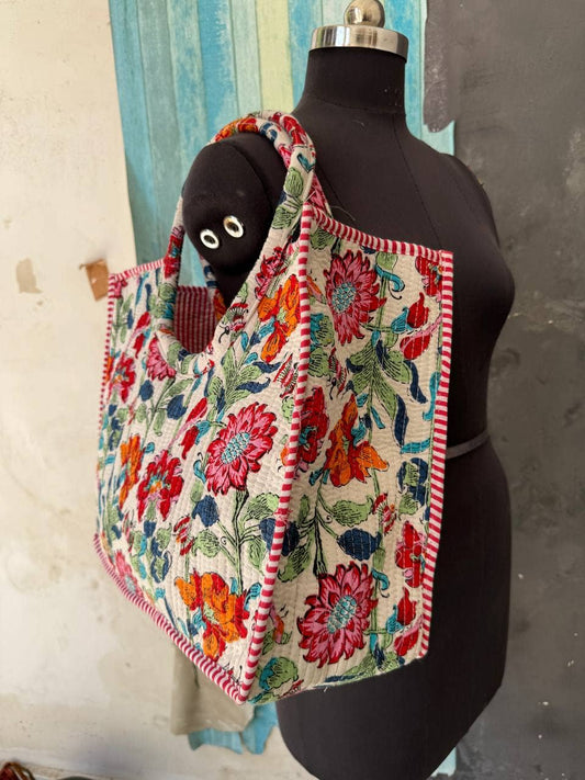 Jaipuri Floral Print Quilted Shopping Bag Indian Cotton Bags