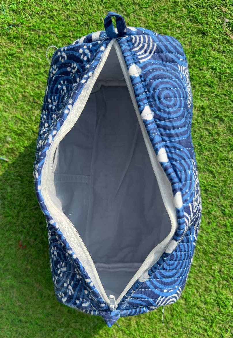 Blue Cotton Bag Floral Printed Bag Toiletry Bag Cosmetic Bag