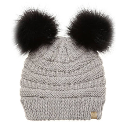 Kids Winter Beanie Hat with Double Pom Pom