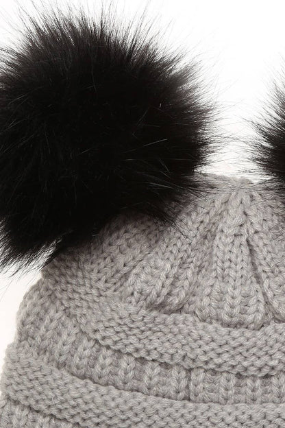 Kids Winter Beanie Hat with Double Pom Pom