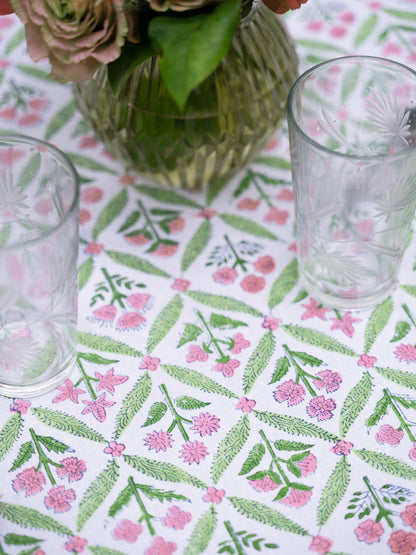 Gazebo Block Print Tablecloth - Pink Green