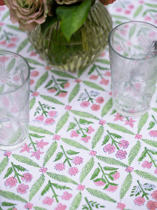 Gazebo Block Print Tablecloth - Pink Green