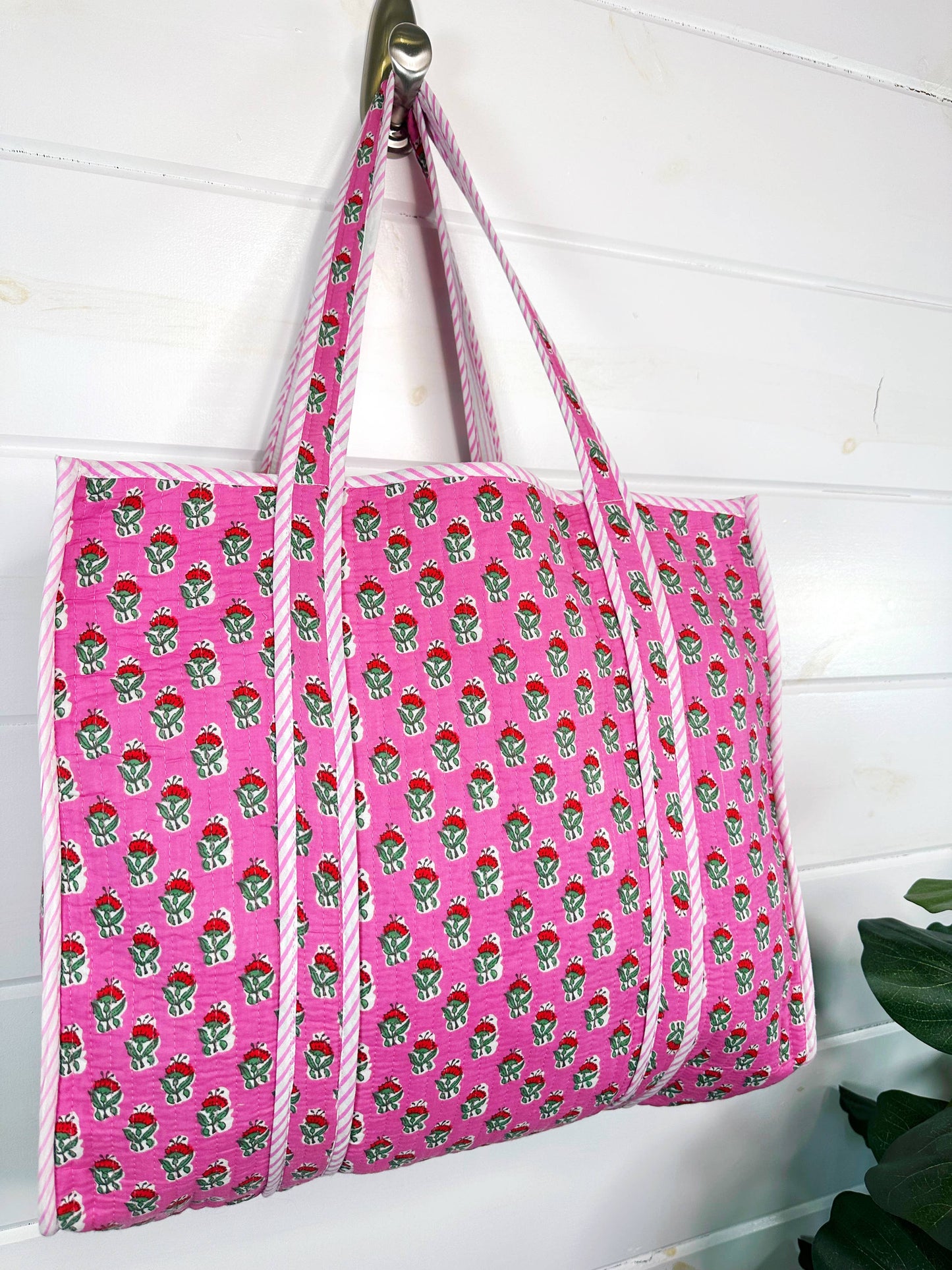 Quilted Tote Bag | Pink Floral Tote | Large Shopping Bag