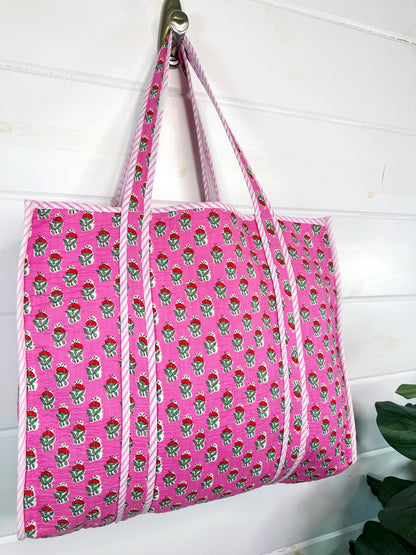 Quilted Tote Bag | Pink Floral Tote | Large Shopping Bag
