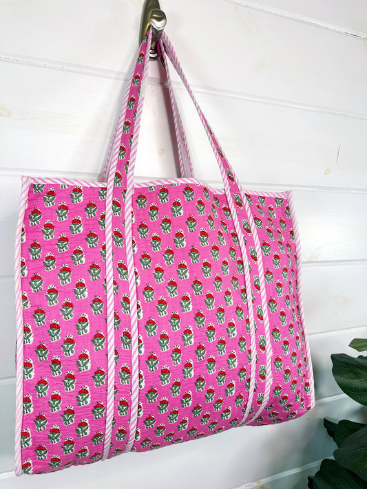 Quilted Tote Bag | Pink Floral Tote | Large Shopping Bag