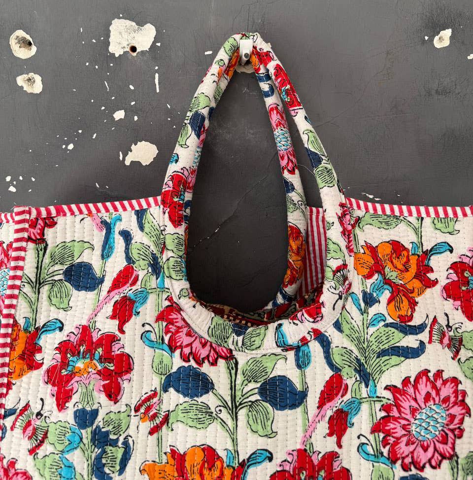 Jaipuri Floral Print Quilted Shopping Bag Indian Cotton Bags