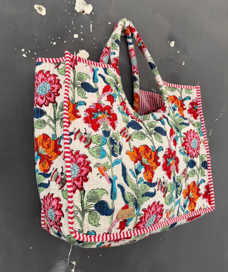 Jaipuri Floral Print Quilted Shopping Bag Indian Cotton Bags