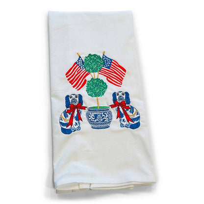 Towel -Patriotic Staffordshire Dogs - Topiary - Flags on whi