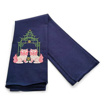 Towel - Pink Shisa Lions with Green Pagoda on navy