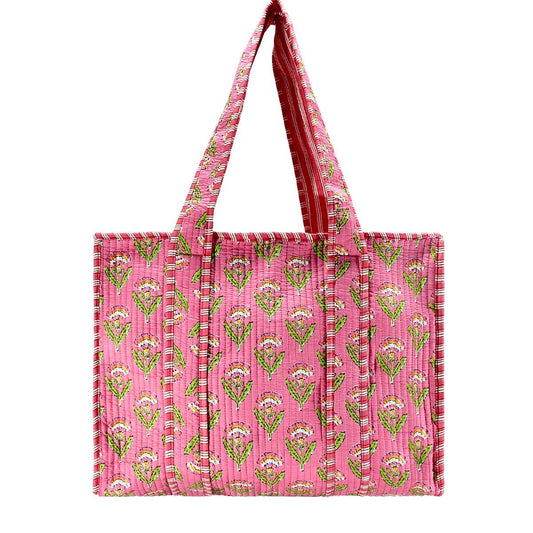 Cotton Block Print Tote Bag- Salmon